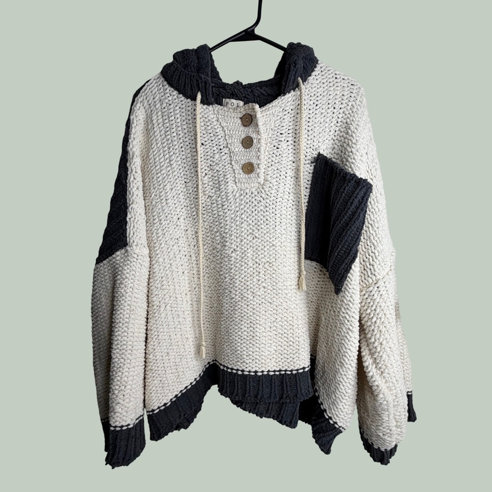 POL Womens Oversized Chunky Knit Hoodie Sweater Colorblock Henley Cream Charcoal